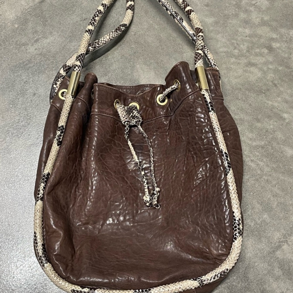 Paolo Masi Hobo Bag Women Medium Brown Leather Faux Snake Skin Shoulder Purse